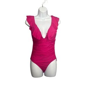 J. Crew Ruffle V-Neck One-Piece Swimsuit Radiant Fuchsia Barbiecore Resortwear